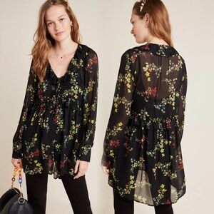Anthropologie Jamison Black Floral Chiffons
 Tunic Ruffle Trim Dark Romance S